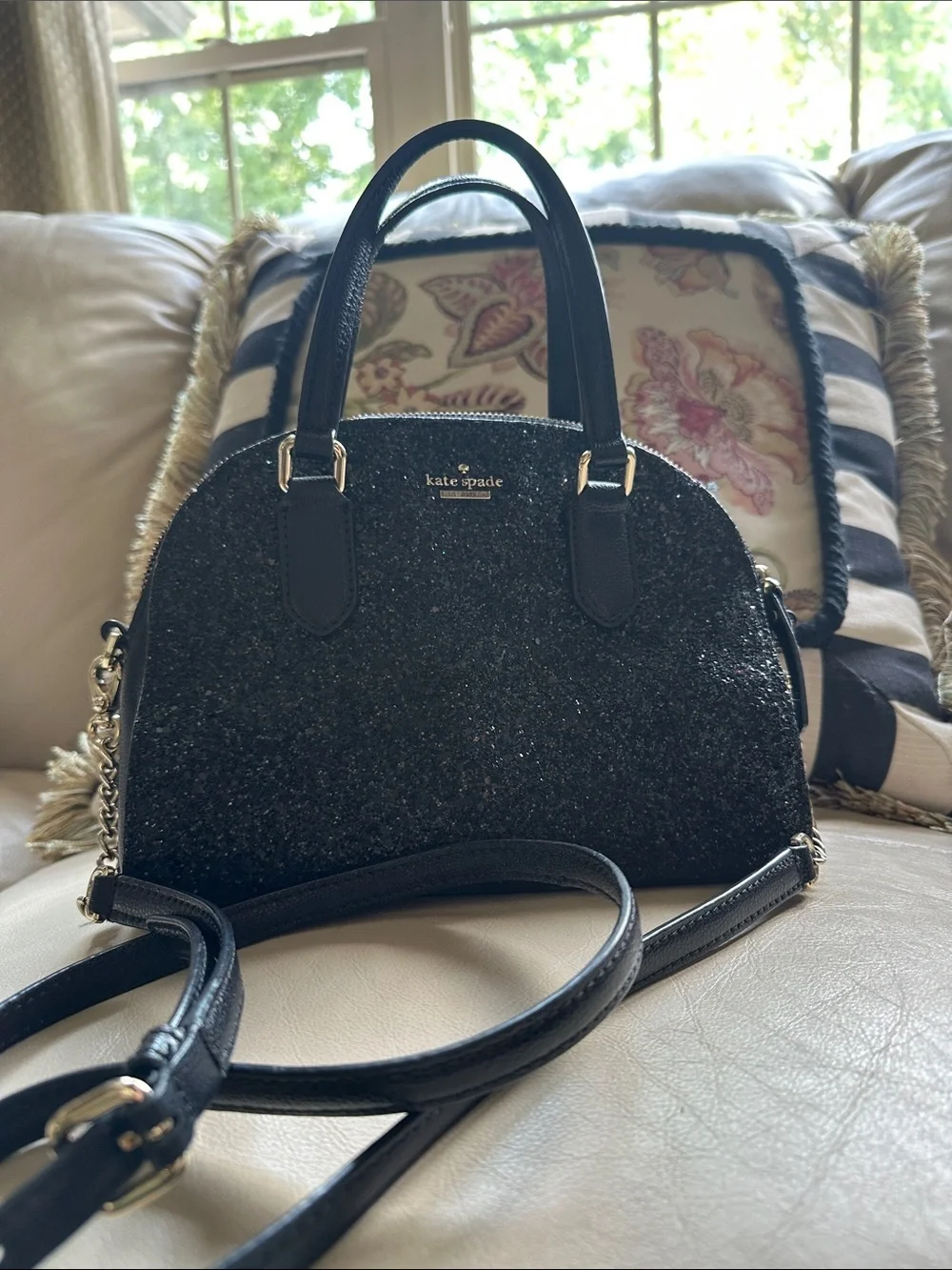 kate spade Black Glitter Mini Riley with Chain-Trim Strap ♠️